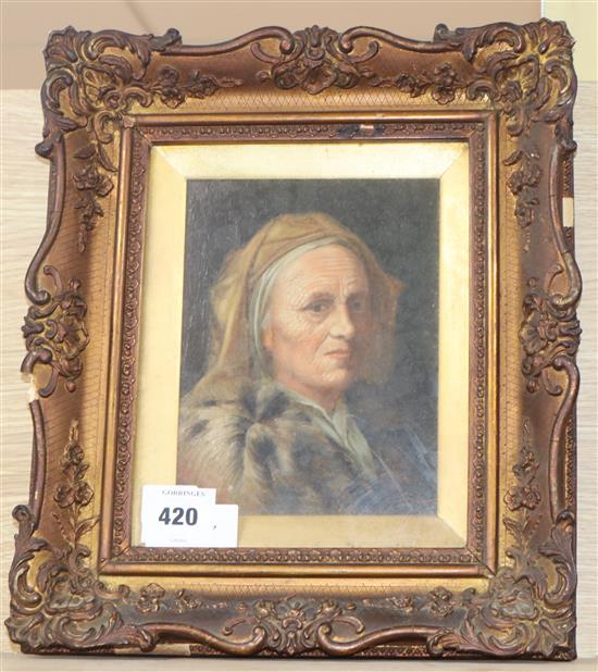 Continental School, oil on board, Portrait of a woman wearing a fur coat, indistinctly signed, 19 x 15cm.